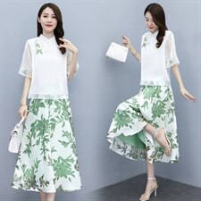 现货夏季新款时尚优雅气质复古领口绣花两件套装裙，女装套装/套裙，然然