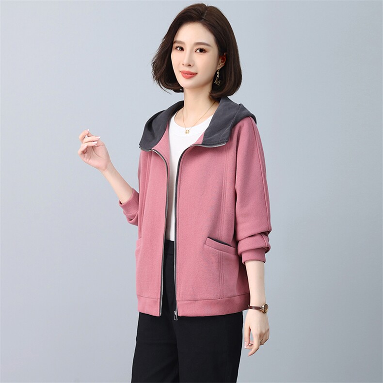 （新款长期有货）中年2024春秋妈妈秋装洋气连帽休闲卫衣女外套,女装短外套,忆绮罗