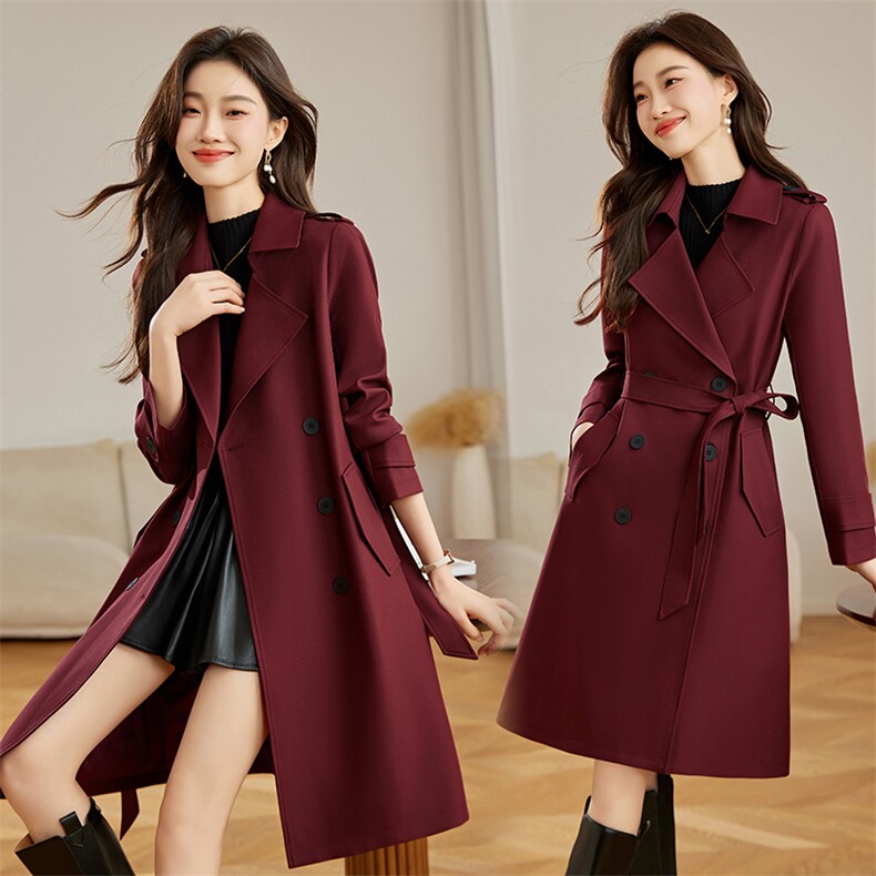 红高级感中长款风衣外套女2025春秋新款气质显瘦英伦风大衣，女装风衣，姿衣坊