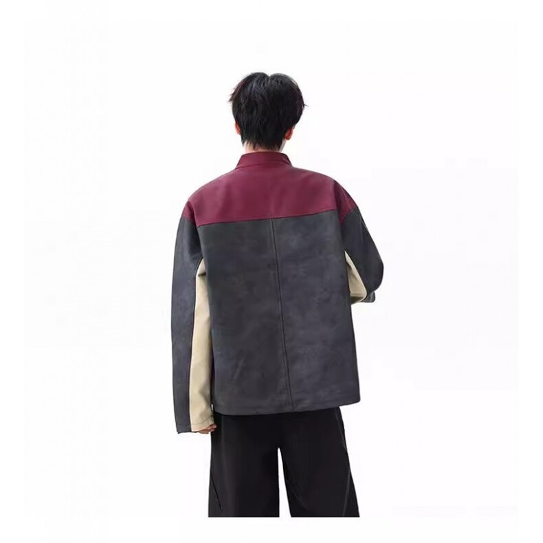 网络图现货美式复古痞帅拼接立领pu皮衣夹克机车服JK8573-P78,男装夹克,星座715-7