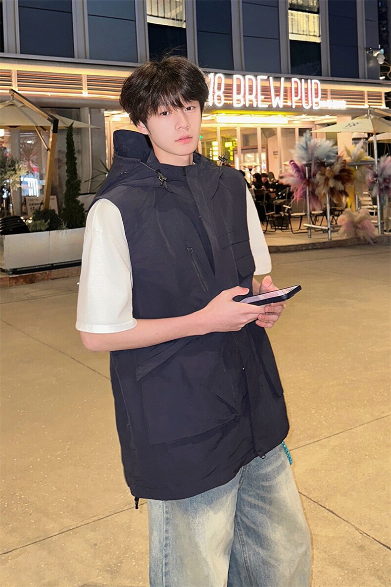 8XL-M四季工装外套街头机能口袋连帽防水无袖马甲坎肩JK1316P78,男装夹克,电商D206-1