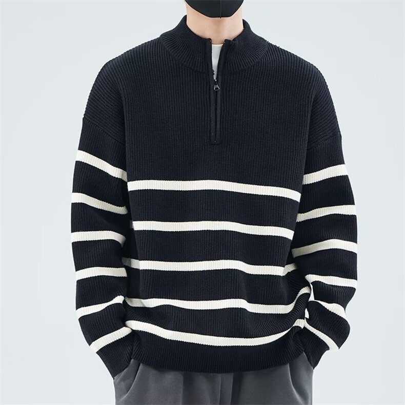 半高领拉链条纹毛衣男秋冬季2025新款宽松套头打底针织衫男生潮牌，男装针织衫/毛衣，星座813-3