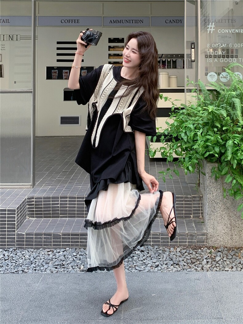 法式时尚设计感套装女2025年夏季撞色马甲T恤半身裙三件套,女装套装/套裙,2C275