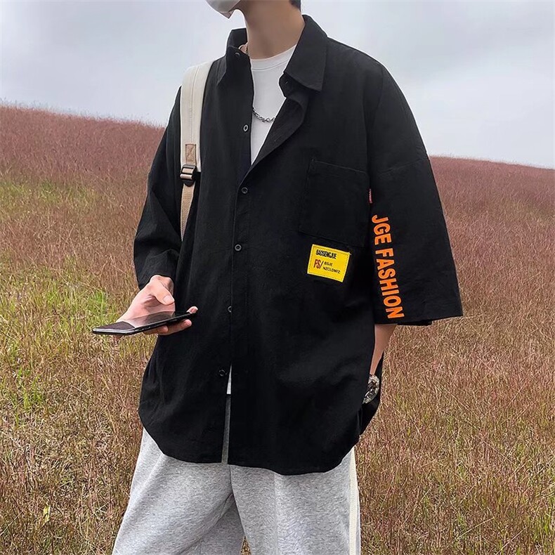 L学院风百搭七分袖衬衣男休闲潮流夏季港风短袖衬衫W3011-P33,男装衬衫,星座512-2
