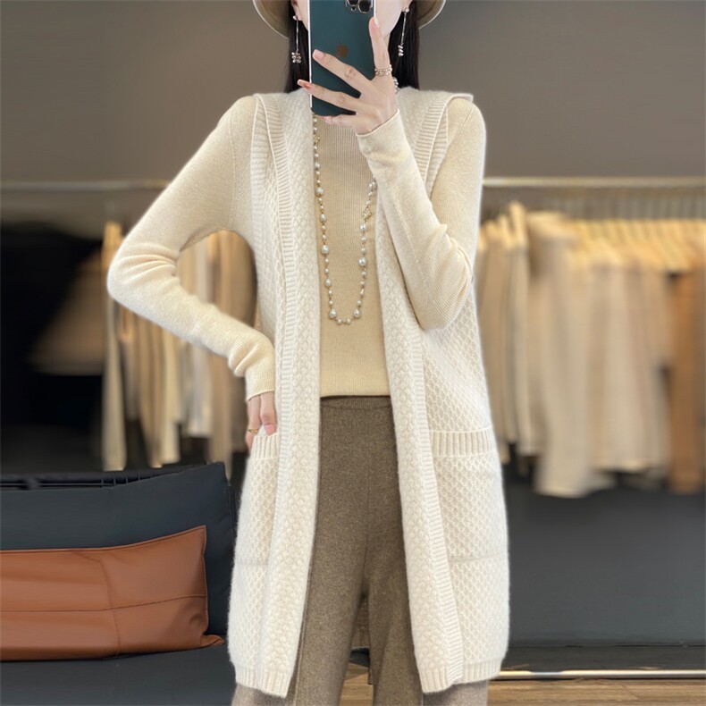 25秋冬100%纯羊毛连帽开衫女无袖马甲中长款毛衣宽松带兜坎肩外套,女装马甲,邦太羊绒