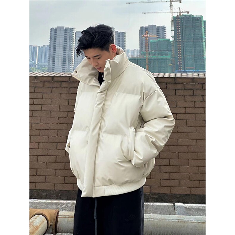 现货5W件冬季三防重磅硬挺boxy短款羽绒立领PU皮棉衣外套加厚棉服,男装棉衣,电商A486