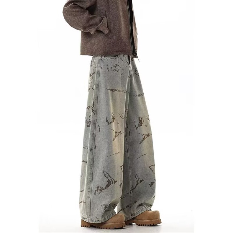复古迷彩伞兵褶皱直筒阔腿裤牛仔裤休闲长裤潮2009P53,男装牛仔裤,星座410-2