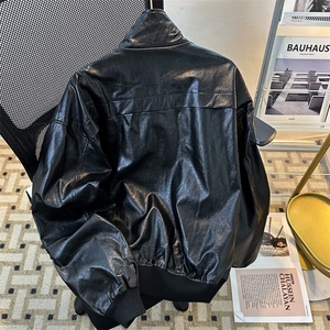 pu皮立领垫肩机车服夹克男款秋冬新款潮流宽松百搭外套 8728 P70图片