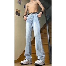 浅蓝色高腰弯刀牛仔裤男款夏季薄款高个子显瘦裤子直筒提档微喇裤，男装牛仔裤，星座1008