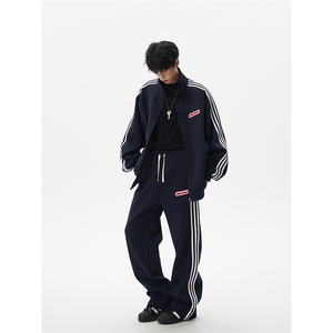 8XL-M条纹撞色开衫新年红卫衣运动套装潮牌运动服校园风TZ114P118图片