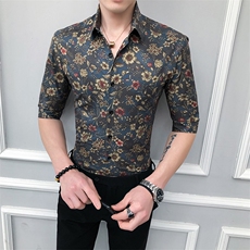 231-P552025新款社会精神小伙修身中袖衬衫男士青年花衬衣，男装衬衫，星座312A-5