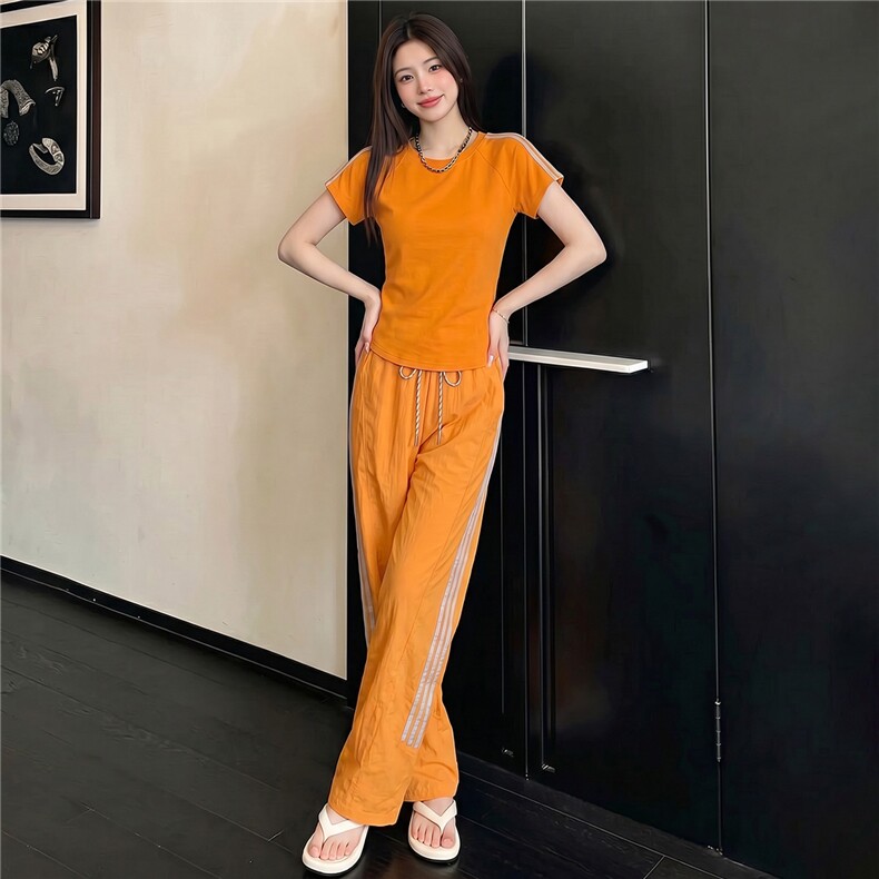 女夏季新款时尚休闲运动套装圆领短袖上衣竖纹拼接阔腿长裤两件套图片