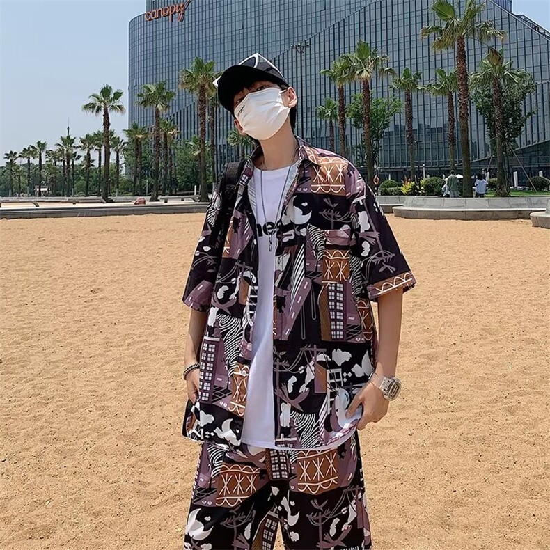 花衬衫套装男潮牌夏季冰丝短袖短裤两件套旅游度假休闲沙滩情侣装,男装牛仔裤,星座410-7