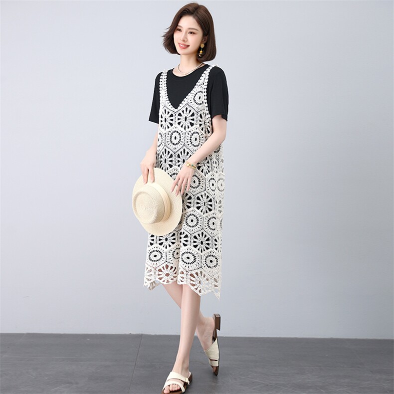 经典简约夏季三醋酸连衣裙女气质透气显瘦短袖中长款宽松裙,女装套装/套裙,江忆布依