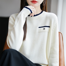 2025新款秋季小衫100%纯棉线针织衫女上衣长袖洋气遮肚拼色妈妈装，女装针织衫/毛衣，长今羊