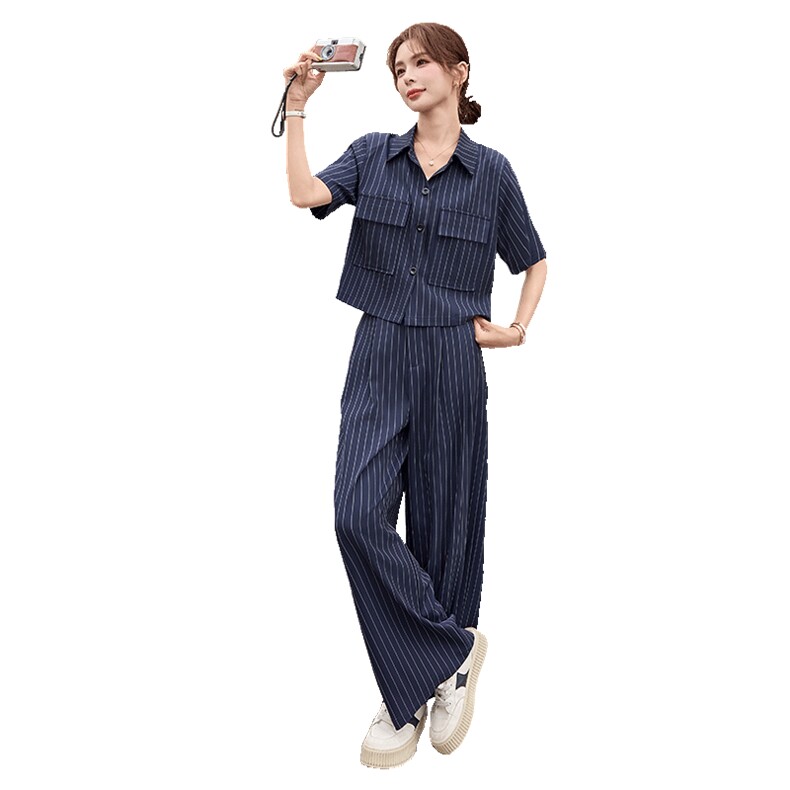 2025年夏季新款女装时尚气质条纹冰丝面料上衣阔腿裤l两件套,女装套装/套裙,关键词