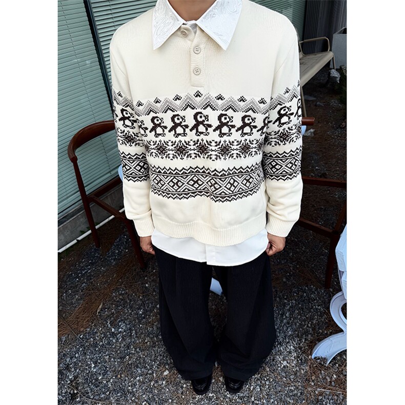 重磅秋冬装北极绒套头毛衣美式复古休闲慵懒风提花工艺针织衫外套，男装针织衫/毛衣，电商A486