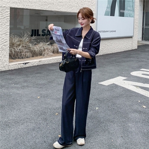 （新款现货）2026春装时尚潮流天丝牛仔拉链阔腿裤套装两件套图片