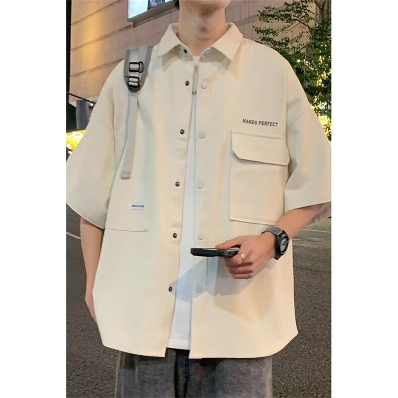 日系潮牌夏季新款短袖衬衫男薄款宽松纽扣设计衬衫男百搭半袖,男装衬衫,星座1013