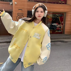 小清新蓝色棒球服外套女春秋百搭宽松学生撞色拼接甜酷夹克上衣图片