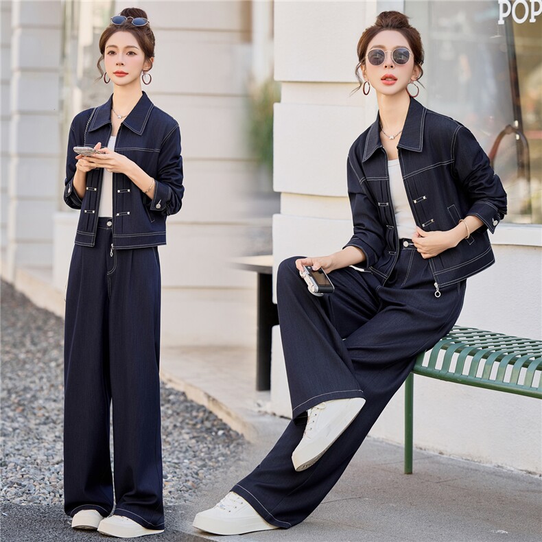 （新款现货）2026春装时尚休闲拉链天丝牛仔阔腿裤套装（两件套）,女装套装/套裙,印象茜