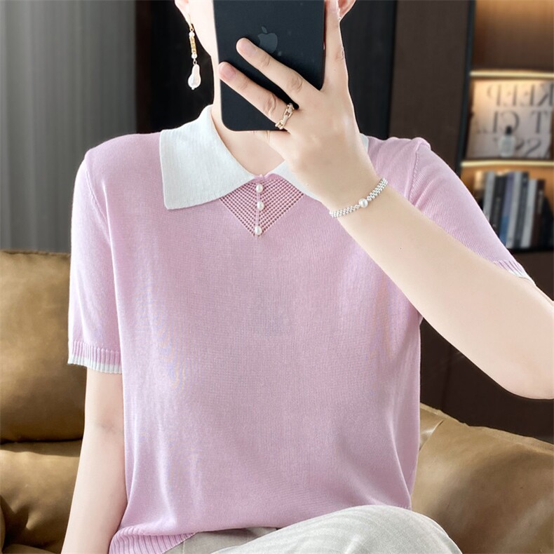 翻领冰丝短袖针织衫女夏季薄款设计感钉珠拼色POLO衫T恤打底上衣,针织衫/毛衣,暖姿羊绒