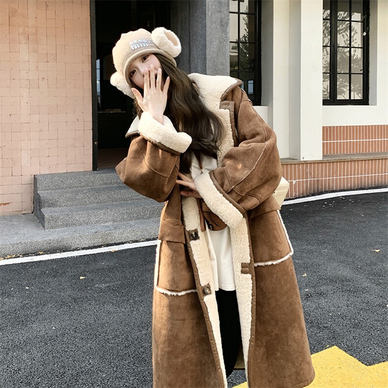 韩系氛围感两面穿麂皮绒羊羔毛外套女冬季长款加厚皮毛一体大衣潮,女装短外套,2B183