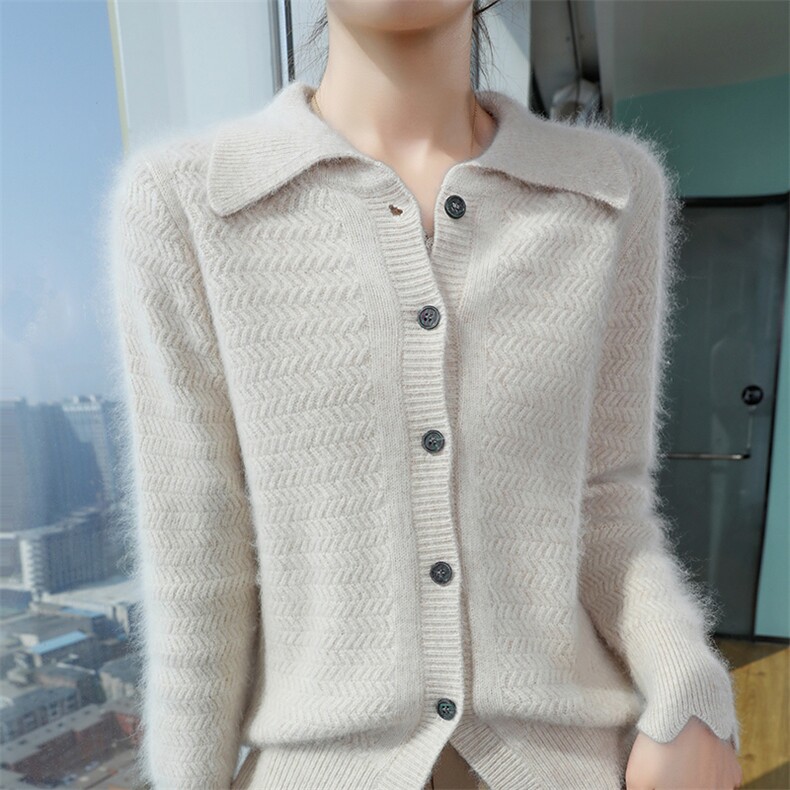 秋冬季新款舒适时尚百搭加厚POLO领开衫，女装针织衫/毛衣，冬贝尔貂绒