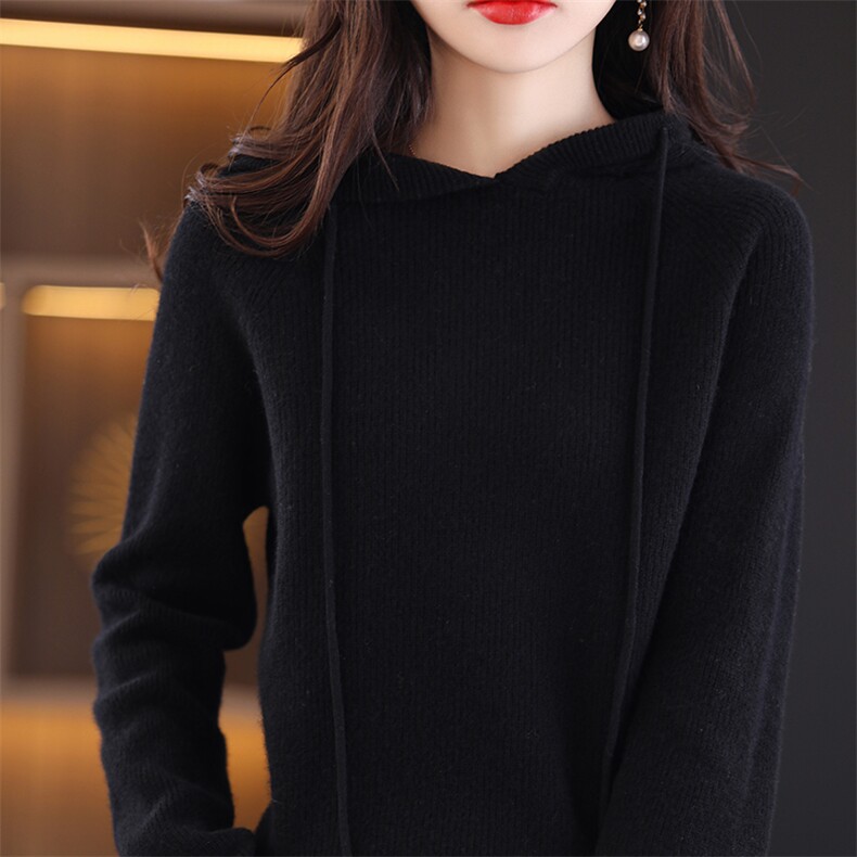 2023春秋新款羊绒连帽针织衫女卫衣宽松带帽打底衫加厚百搭毛衣图片