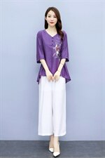 2021夏季新款简约气质圆领宽松休闲舒适时尚图案刺绣棉麻两件套，女装套装/套裙，韩宇舍