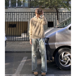 假两件v领毛衣男款冬季翻领老钱风针织衫上衣慵懒风外套 MY378图片