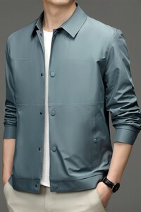 2023春季新款中年男士时尚纯色翻领休闲高端夹克外套宽松百搭男装图片