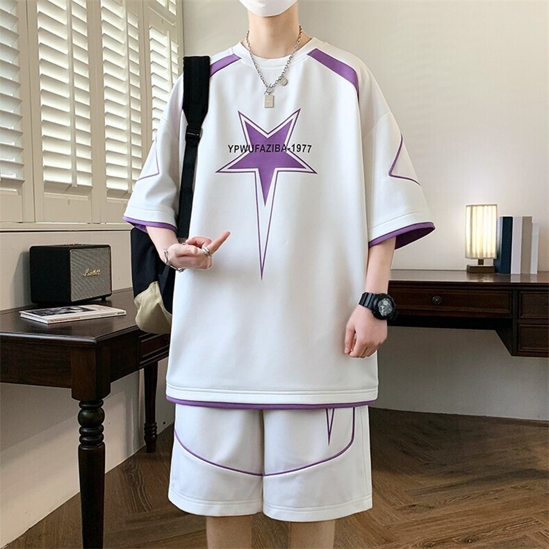 84305-P55青少年冰丝短袖T恤休闲运动服短裤套装男帅气学生夏装,男装T恤,电商D310B