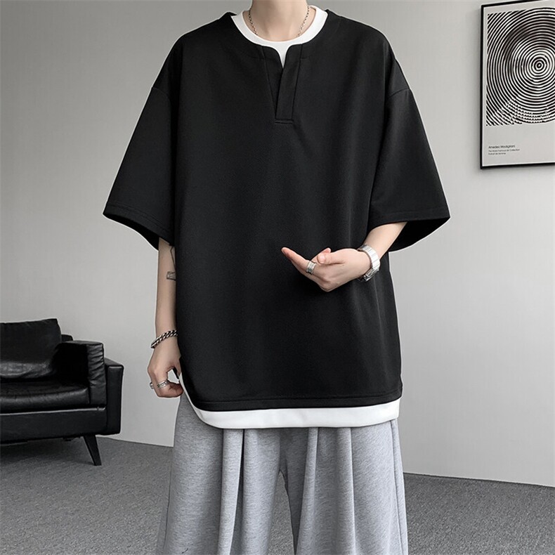 8XL-M重磅斜纹假两件短袖t恤男夏季薄款宽松大码半袖体恤DT006P45,男装T恤,电商B312
