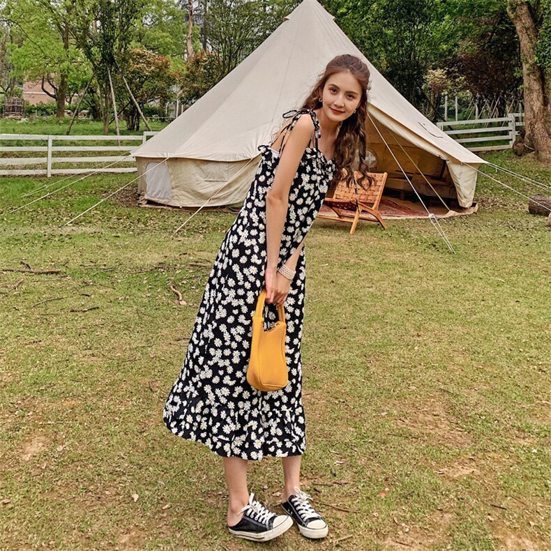 2021夏装新款火小雏菊长款吊带鱼尾连衣裙012-Q571，,女装连衣裙,金十上