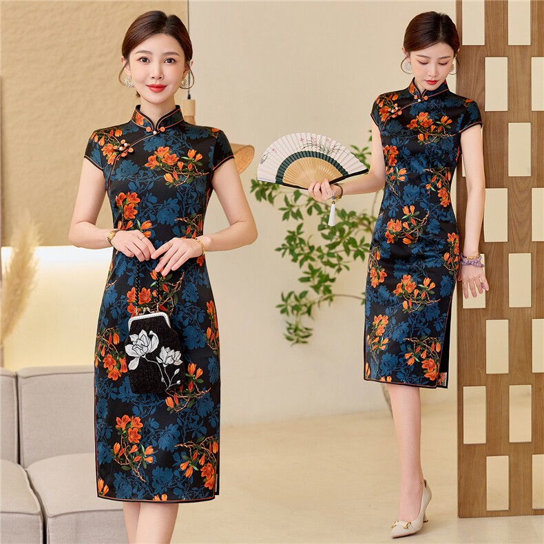 杭州品质真丝中长裙复古印花连衣裙女春夏日常修身潮流真丝旗袍，女装汉服/婚纱/旗袍/礼服，小荷流