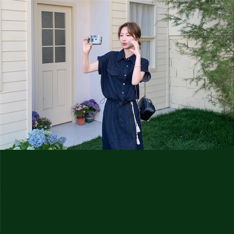 深蓝色复古牛仔套装裙女2025夏季新款慵懒松弛感衬衫半身裙两件套图片