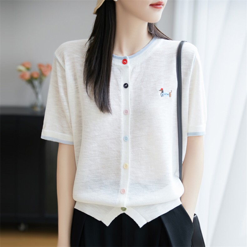 竹节麻针织短袖开衫女圆领拼色刺绣小狗彩扣上衣宽松半袖T恤打底，女装蕾丝衫/雪纺衫，菲奥羊绒