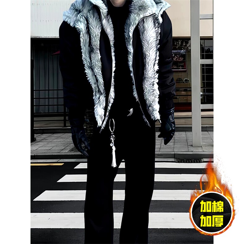 现货高品质美式高街重磅狼王座山雕毛毛领假两件棉衣加厚棉服外套，男装棉衣，电商A443