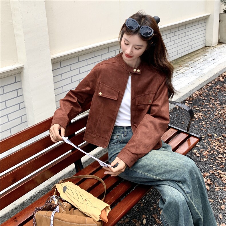 高级小众复古美式红色麂皮外套女春秋超火好看漂亮正肩短夹克上衣,女装短外套,2C273