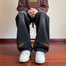 美式高街弯刀牛仔裤男潮流刺绣大码直筒宽松显高阔腿裤J8103-P50，男装牛仔裤，星座509