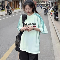 抖音得物品质二开240克宽松纯棉美式潮牌印花三条杠中性风短袖T恤，男装T恤，电商A486