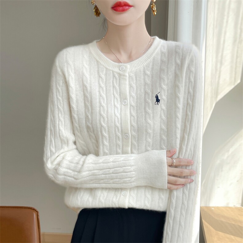 赵露思同款纯色刺绣麻花圆领针织衫毛衣女2024春季单排扣外套上衣，女装针织衫/毛衣，大美人包芯纱店