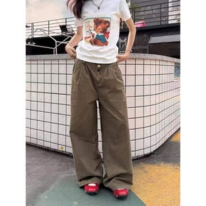 美式高街复古纽扣设计感简约休闲裤男女宽松直筒百搭阔腿长裤图片