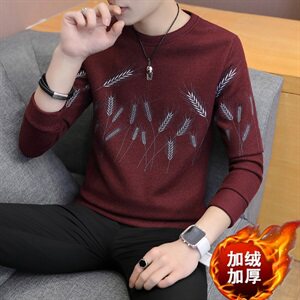 冬季加厚保暖长袖卫衣男外贸打底衫小麦穗圆领套头红9601加绒图片