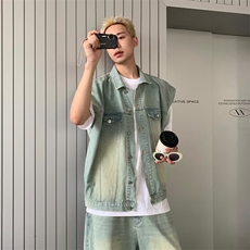 美式复古水洗牛仔马甲背心潮男女夏季街头五分裤百搭宽松无袖外套，男装牛仔裤，星座1210-1