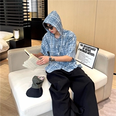 原版格子纹连帽短袖衬衫宽松休闲舒适衬衣CS14，男装衬衫，星座1116A-1（原606A）