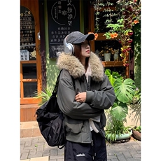 现货重磅boxy短款棉衣座山雕大毛毛领男女棉服水洗工装厚外套，男装棉衣，电商A486-1