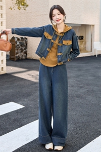 复古盘扣牛仔套装裤2025春秋新款女减龄休闲宽松卫衣阔腿裤三件套图片