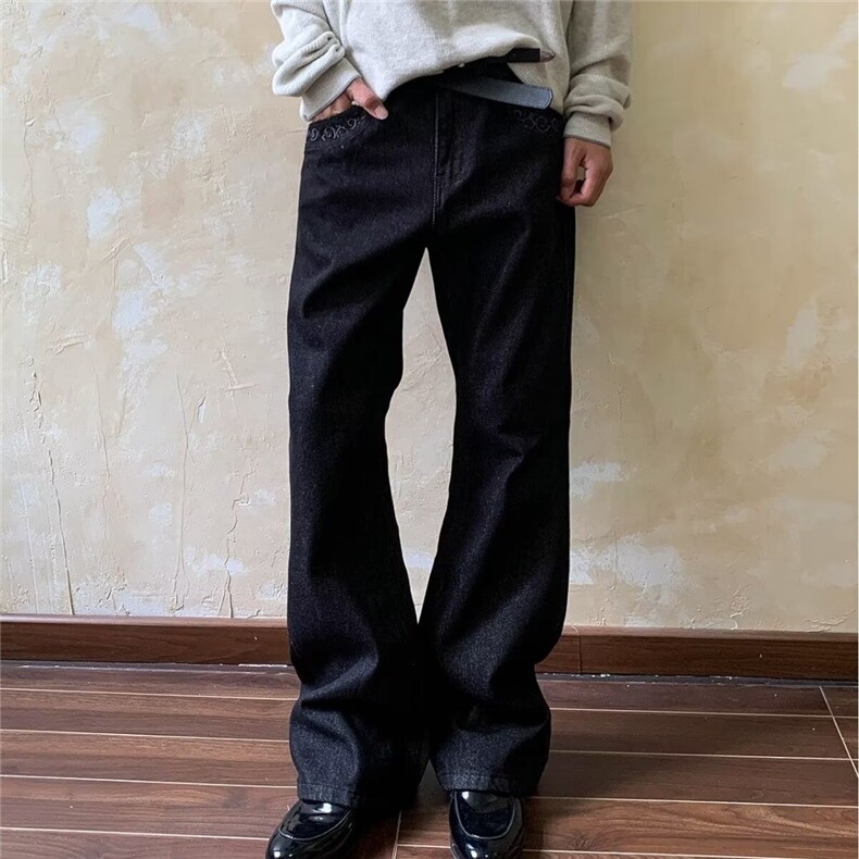 美式高街黑色阔腿直筒牛仔裤男2025秋冬直筒显瘦垂感ing长裤子,男装牛仔裤,星座506A